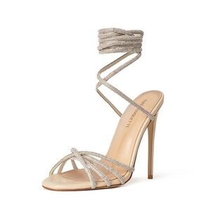 GRACE NUDE VEGAN LEATHER CRYSTAL WRAP SANDAL HEELS